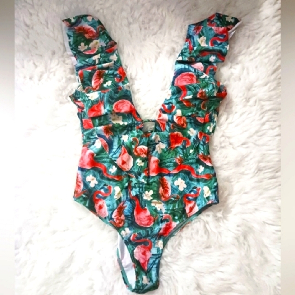 Flamingo Print Deep V Colorful Ruffled One Piece Beach Vacation Resort Swimsuit